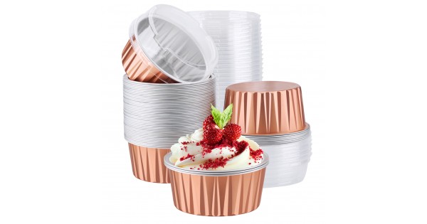 100pcs 5oz Aluminum Muffin Cups with Lid Muffin Liners Cups with Lids Disposable Foil Ramekins Aluminum Cupcake liners Creme Brulee Ramekins Aluminum Foil Cupcake Baking Cups Holders Pans