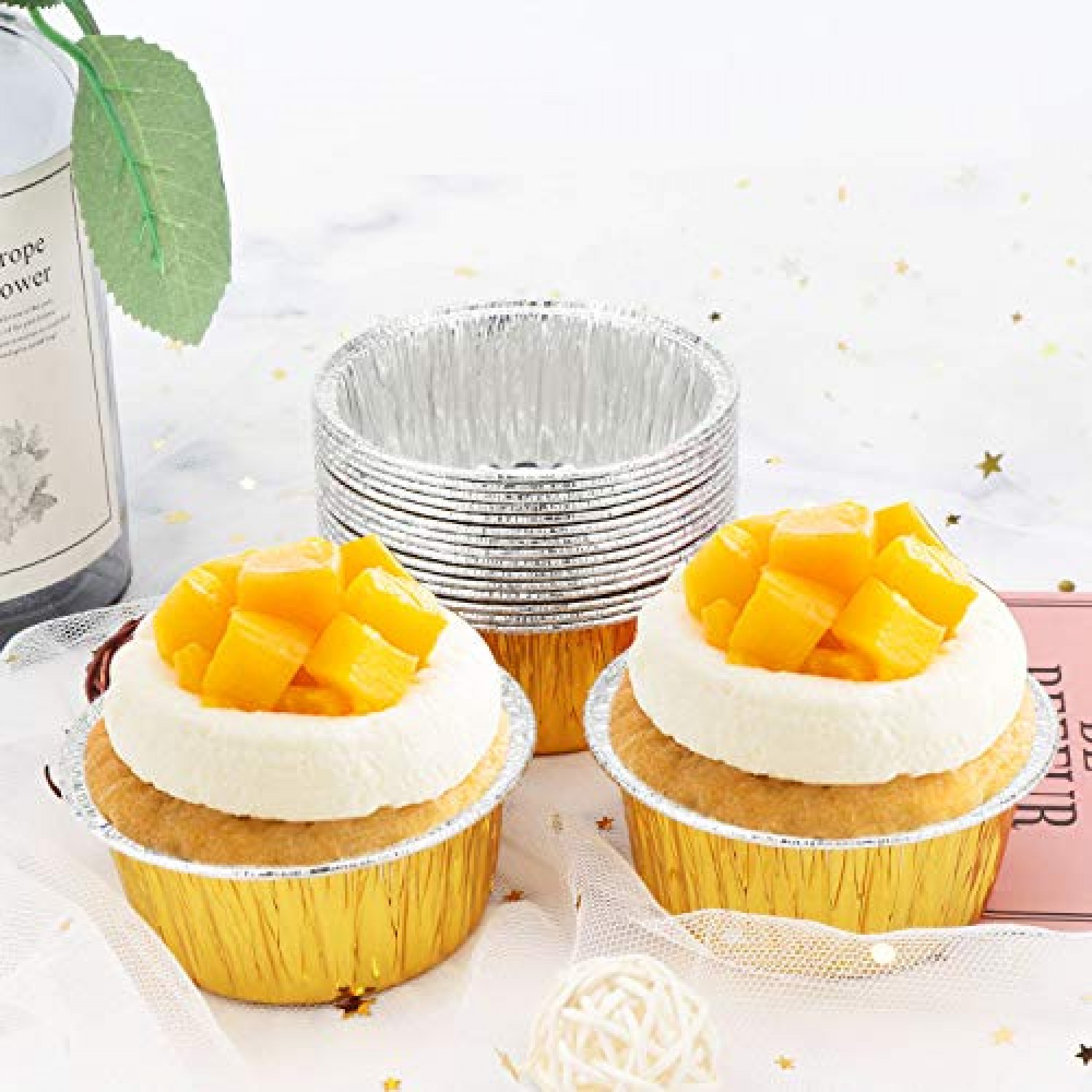 200 Pack Aluminum Foil Cupcake Baking Cups 5oz Cupcake Liners Dessert Cups  with Lids Disposable Cupcake Cups Mini Cake Containers Flan Molds Tin Mini