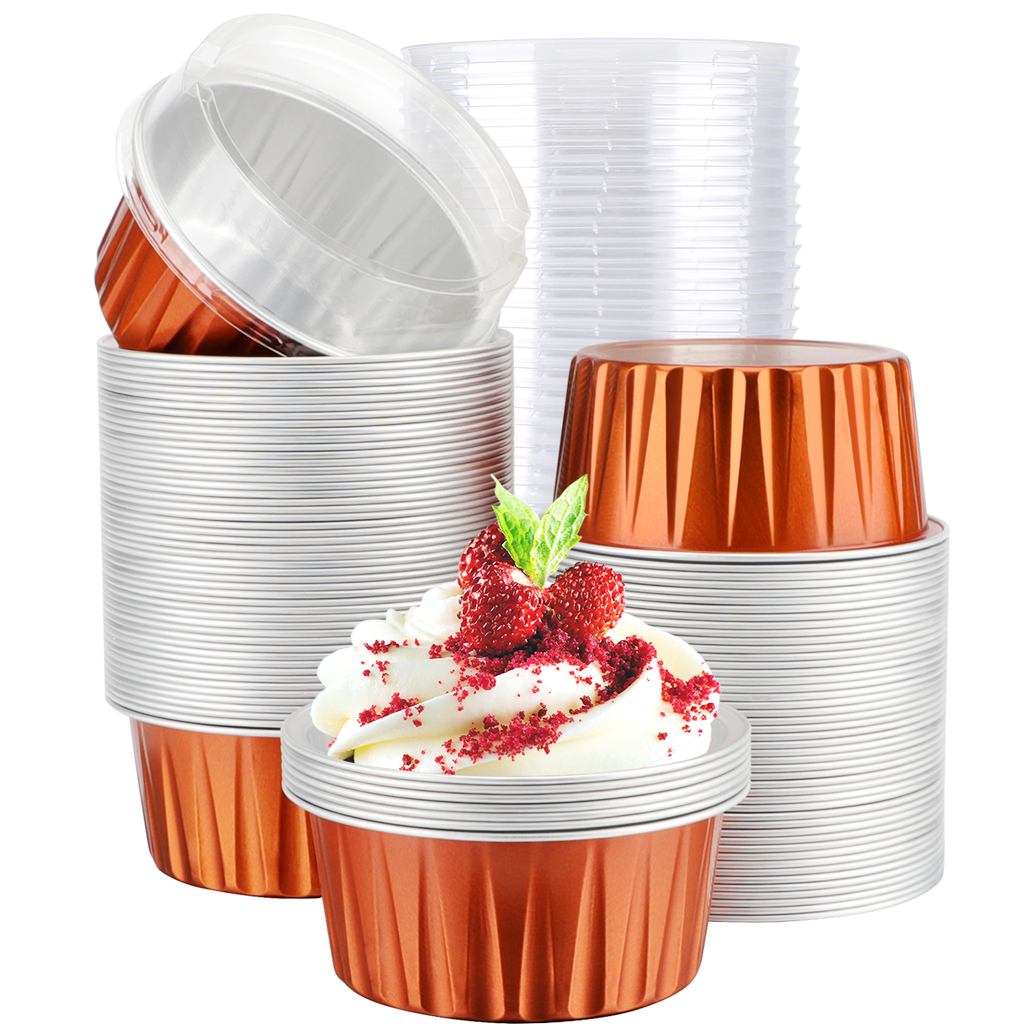 150 Pcs Aluminum Foil Baking Cup Disposable Ramekins with Lids 5oz Mini  Cupcake Liners Flan Mold Mini Cake Pans with Lids Disposable Cake Tins for